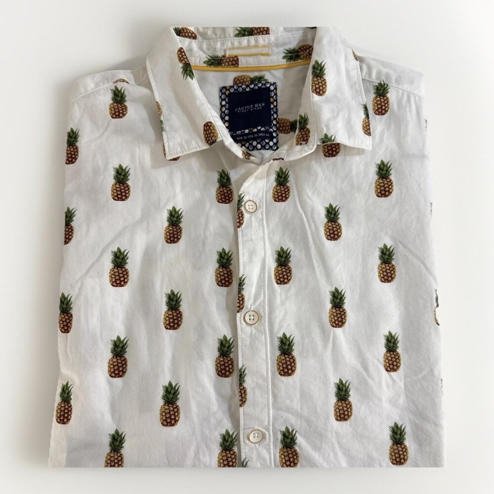 Cactus Man Ricky Singh Men's XL Pineapple Shirt White Short Sleeve Button Down